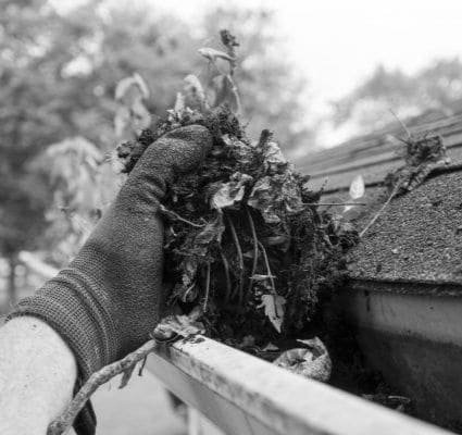 A gloved hand removes debris from a gutter, showcasing a home maintenance scene. Regular gutter cleaning is essential, especially in areas like San Diego, to prevent water damage.
