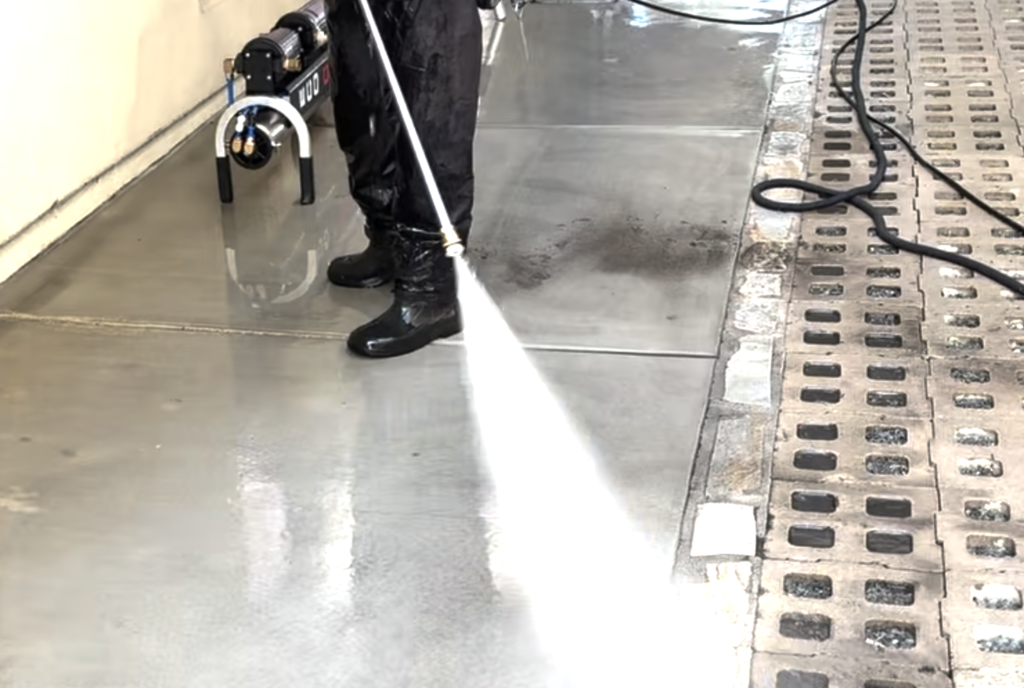 Pressure washing a concrete floor